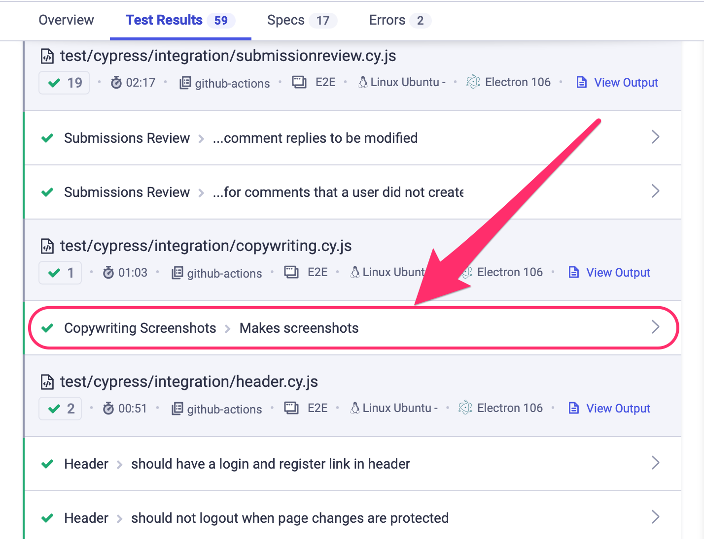 Screenshot of the Test Results section on Cypress showing the Copywriting Screenshots spec